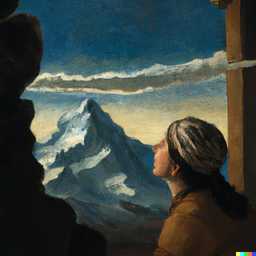 someone gazing at Mount Everest, painting by Johannes Vermeer generated by DALL·E 2